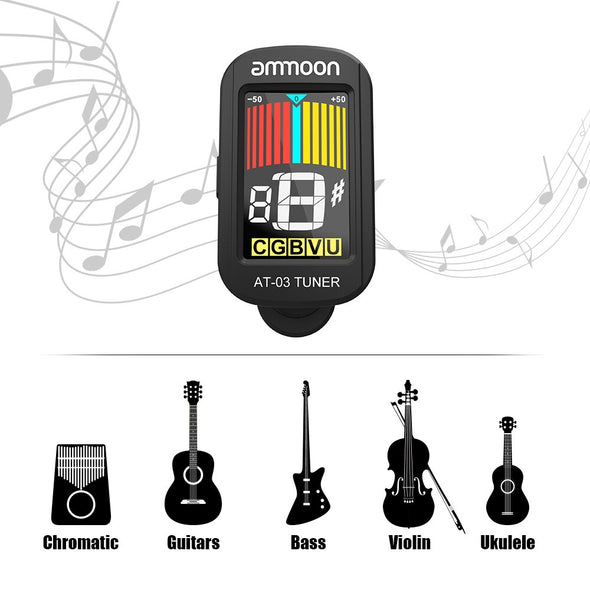 ammoon AT-03 Clip-on Tuner Electric Guitar Tuner Color LCD Screen 360 Rotatable for Acoustic Guitar Bass Violin Ukulele