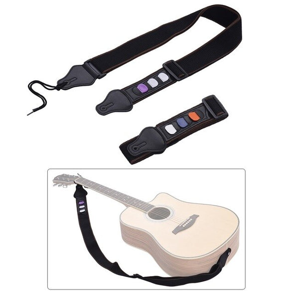 2pcs Adjustable Acoustic Guitar Shoulder Straps + Cotton Belt Synthetic Leather Ends with Guitar Picks Pockets & 3pcs Picks