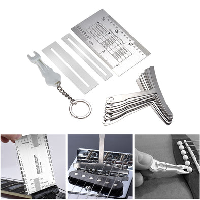 13pcs Guitar Bass Luthier Tools Set Pin Puller Keychain Double Sided Gauge Ruler 9 Radius Gauges 2 Protector Guards